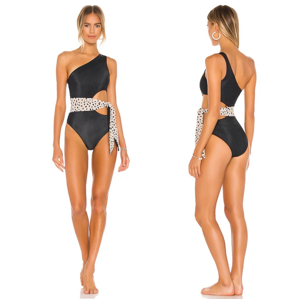 NEW Beach Riot Black Animal Print Carlie One Piece Swimsuit One Shoulder Cutout